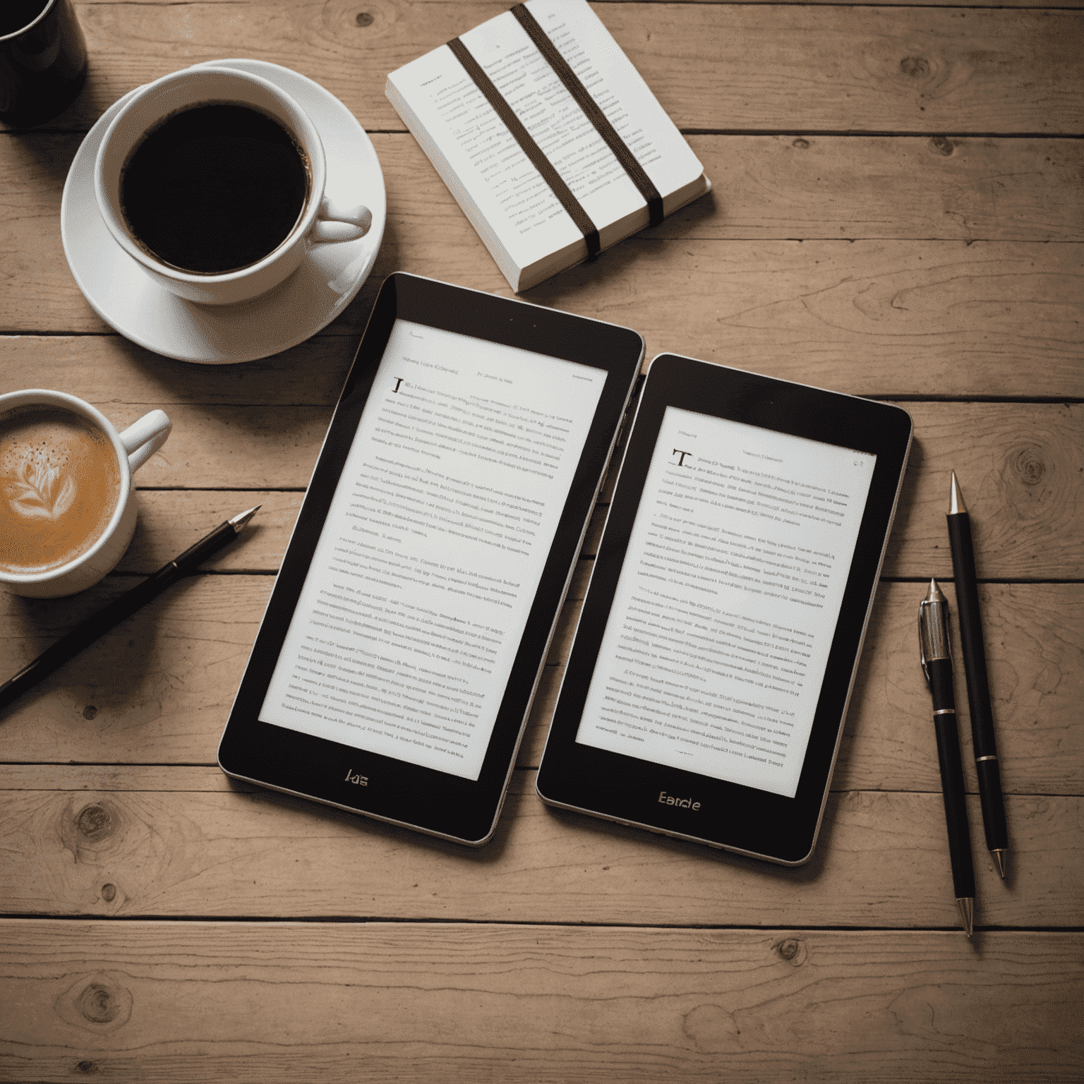 Professional e-book formatting service showing a tablet and e-reader with beautifully formatted pages of an electronic book