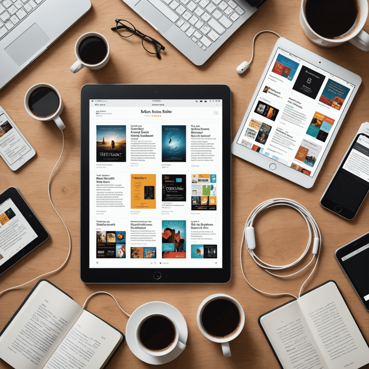 A visual representation of various e-book distribution platforms including Amazon Kindle, Apple Books, and other major e-book retailers. The image shows multiple device screens displaying e-books, connected by lines to represent distribution channels.