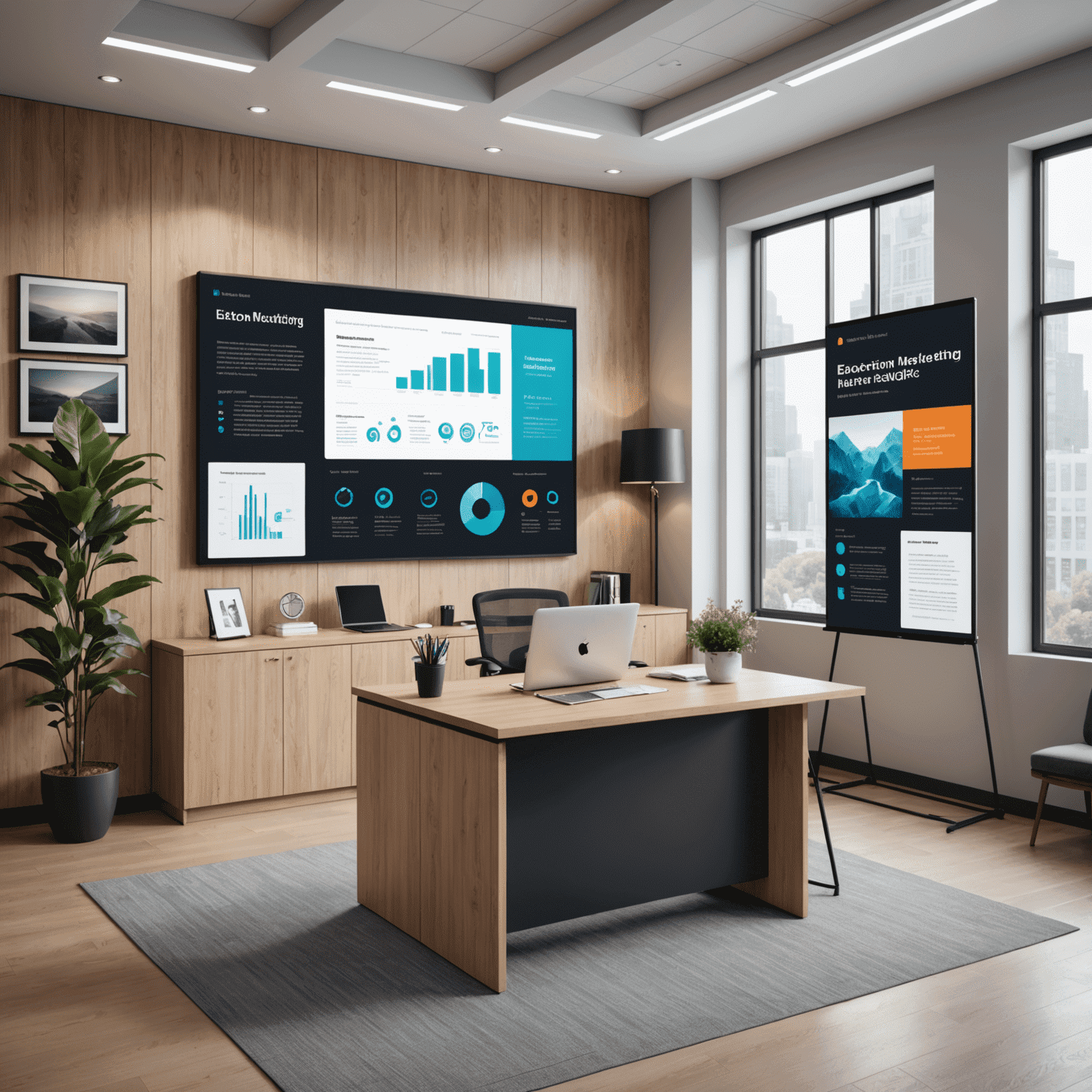 A professional marketing consultant presenting strategies for promoting electron books. The image shows a sleek, modern office setting with digital displays showcasing marketing analytics and book cover designs.