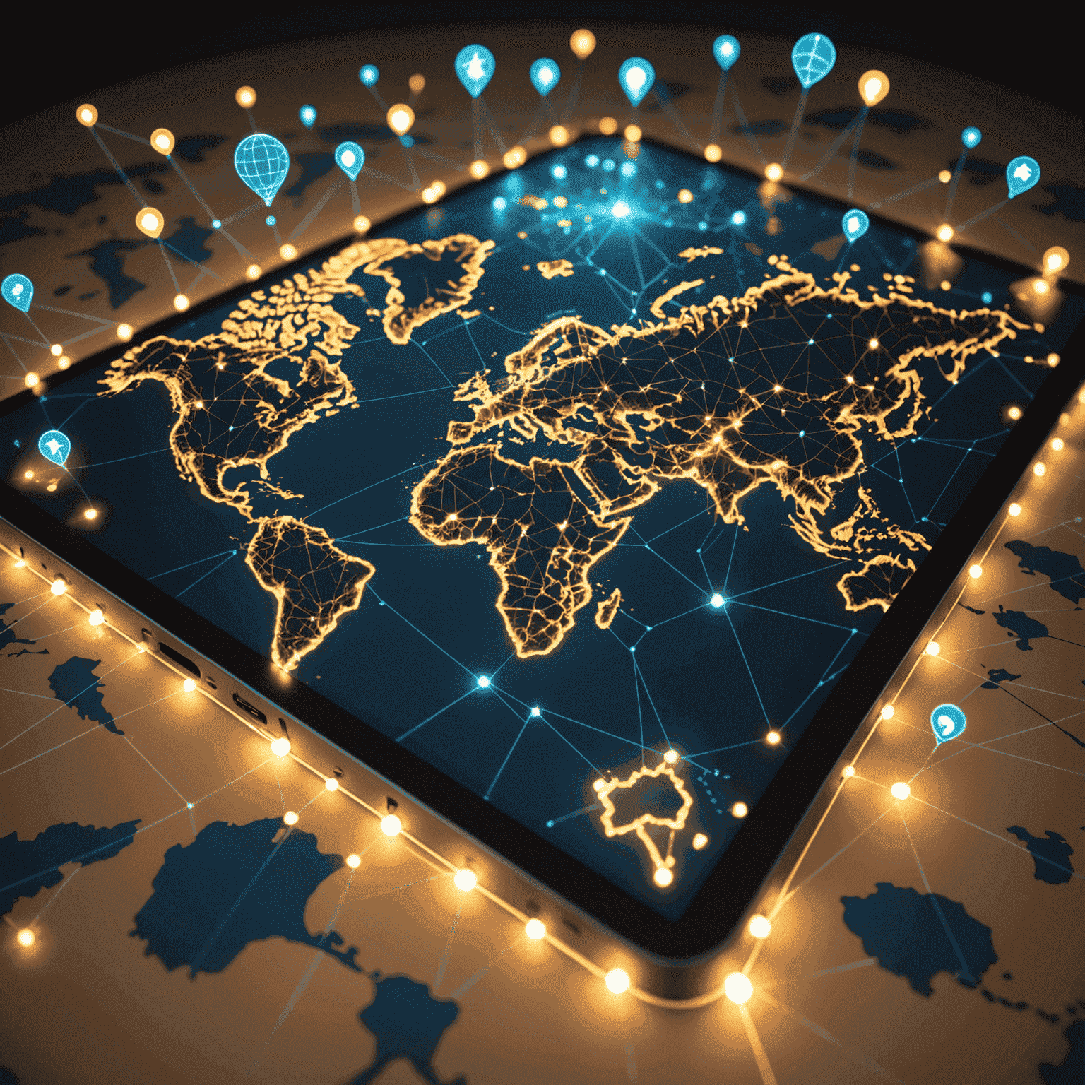 A world map with glowing points representing major cities, connected by lines to symbolize the global distribution network for e-books. Icons of various e-reader devices are scattered across the map.