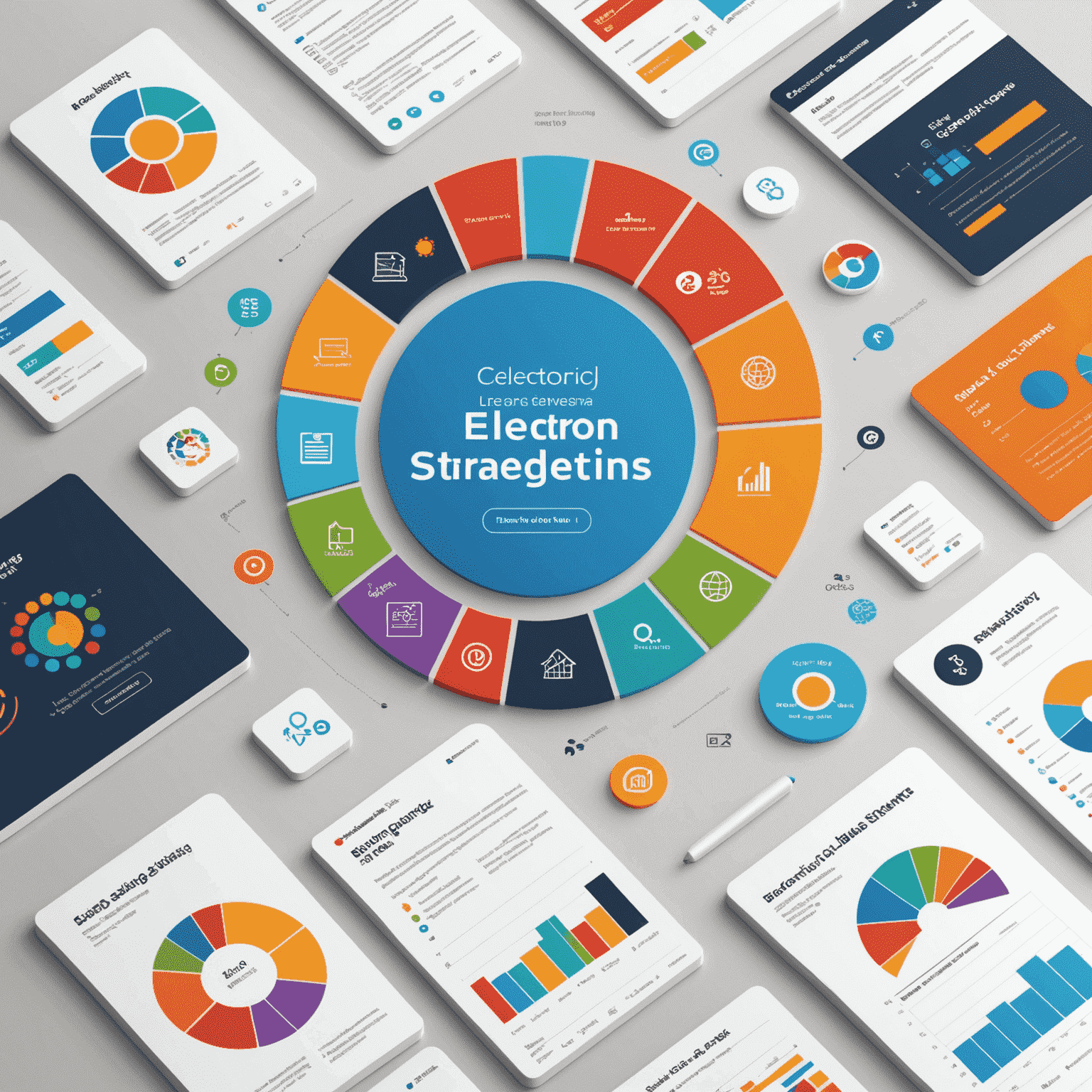 A graph showing increasing sales and visibility trends for electron books after implementing marketing strategies. The image displays colorful charts and icons representing various marketing channels and their impact.