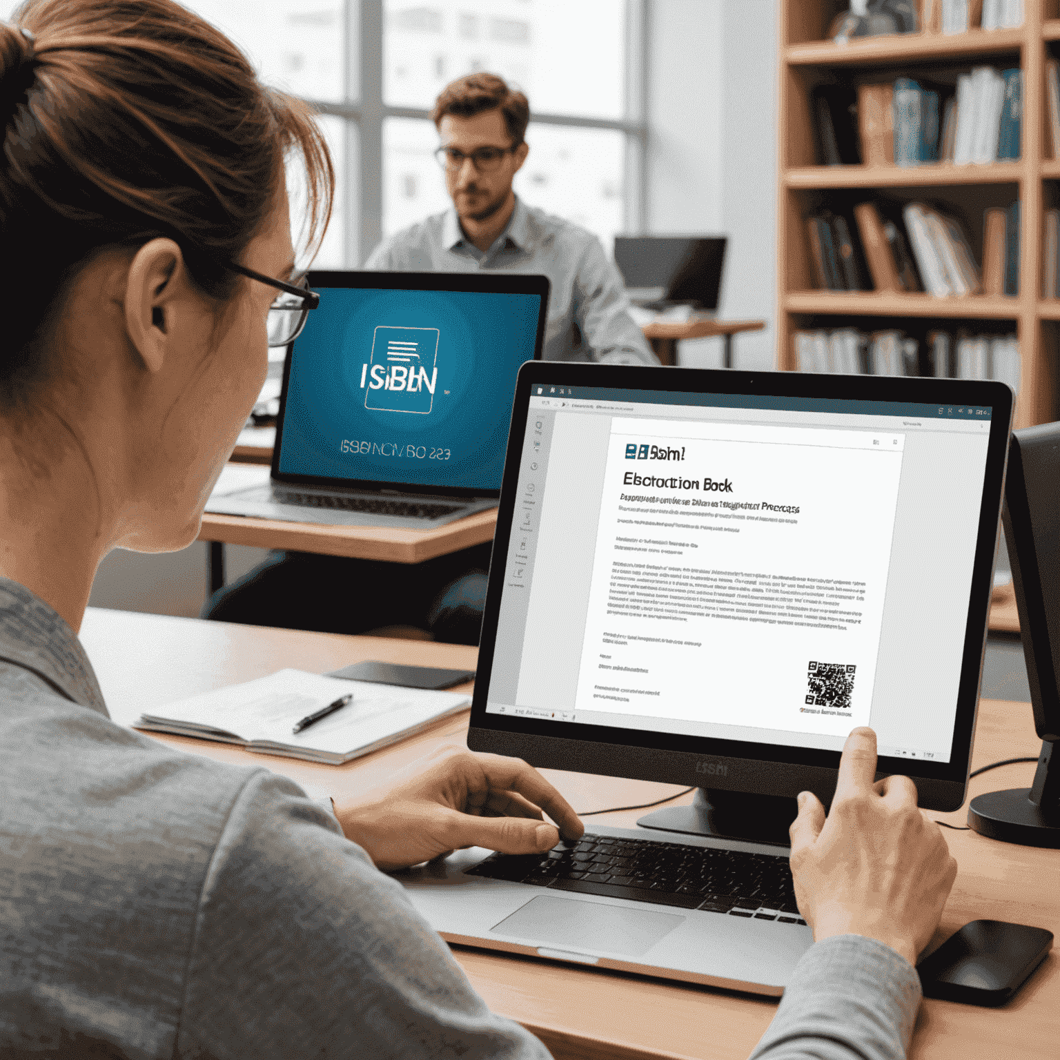 A person registering an ISBN for an electron book, with a computer screen showing the ISBN application process
