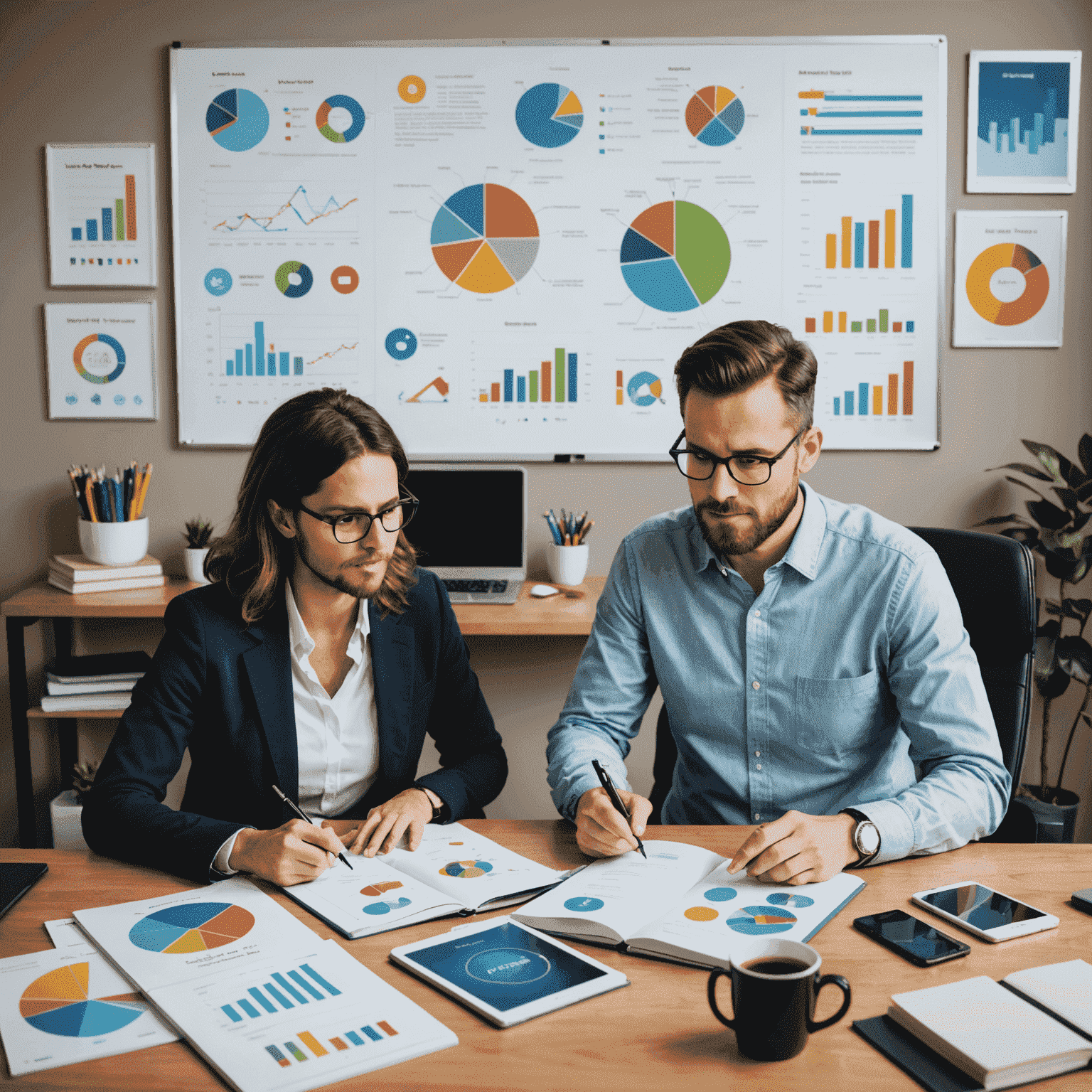 A marketing expert discussing strategies with an author, surrounded by charts, graphs, and social media icons representing electron book promotion